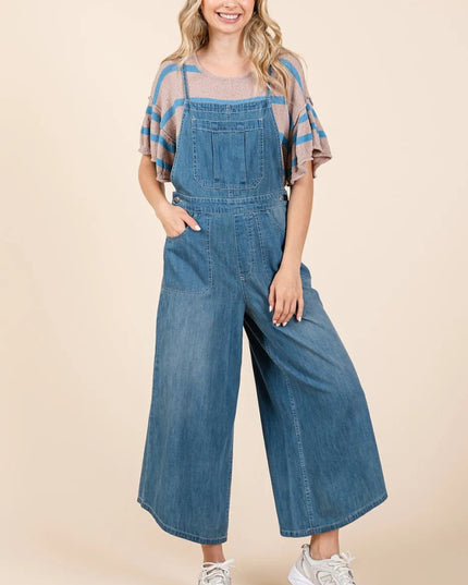 Mittoshop Denim Tie Back Sleeveless Wide Leg Overalls - THE AMERICAN BLUE