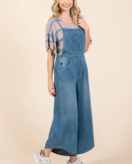 Mittoshop Denim Tie Back Sleeveless Wide Leg Overalls - THE AMERICAN BLUE