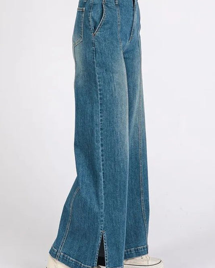 Mittoshop Medium Wash Seam Detail Wide Leg Denim Jeans - THE AMERICAN BLUE