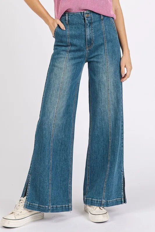 Mittoshop Medium Wash Seam Detail Wide Leg Denim Jeans - THE AMERICAN BLUE