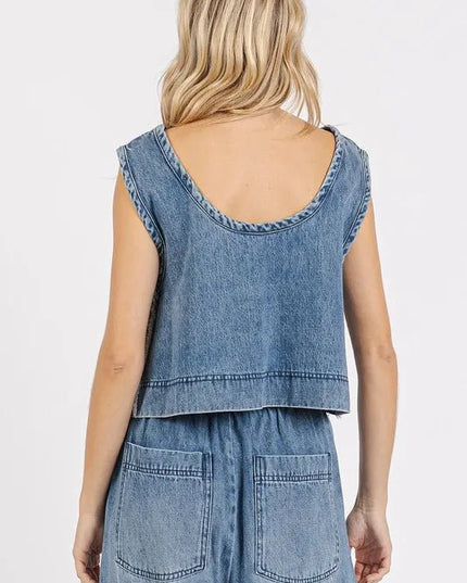 Mittoshop Washed Denim Distressed Detail Crop Tank - THE AMERICAN BLUE