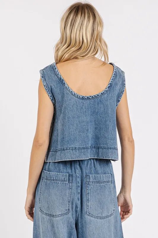 Mittoshop Washed Denim Distressed Detail Crop Tank - THE AMERICAN BLUE