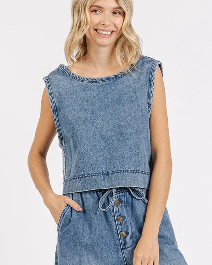 Mittoshop Washed Denim Distressed Detail Crop Tank - THE AMERICAN BLUE