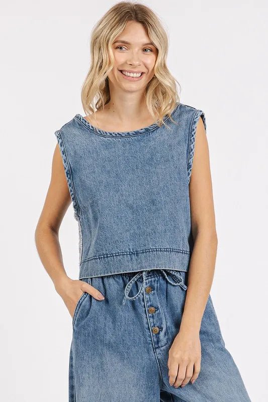 Mittoshop Washed Denim Distressed Detail Crop Tank - THE AMERICAN BLUE