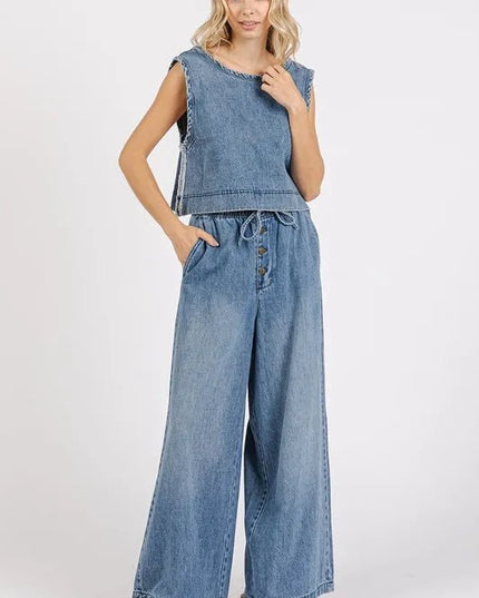 Mittoshop Washed Denim Distressed Detail Crop Tank - THE AMERICAN BLUE
