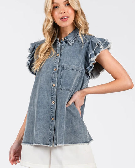 Mittoshop Washed Denim Ruffle Short Sleeve Collared Shirt - THE AMERICAN BLUE