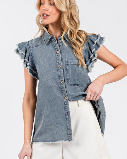 Mittoshop Washed Denim Ruffle Short Sleeve Collared Shirt - THE AMERICAN BLUE