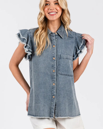 Mittoshop Washed Denim Ruffle Short Sleeve Collared Shirt - THE AMERICAN BLUE