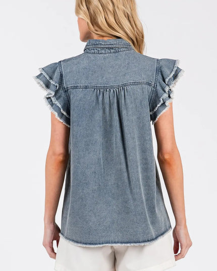 Mittoshop Washed Denim Ruffle Short Sleeve Collared Shirt - THE AMERICAN BLUE