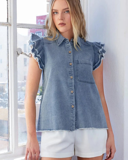 Mittoshop Washed Denim Ruffle Short Sleeve Collared Shirt - THE AMERICAN BLUE