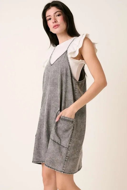 Mittoshop Washed Patch Pocket Mini Cami Denim Dress - THE AMERICAN BLUE