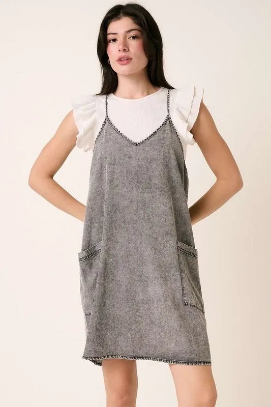 Mittoshop Washed Patch Pocket Mini Cami Denim Dress - THE AMERICAN BLUE