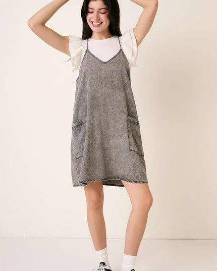 Mittoshop Washed Patch Pocket Mini Cami Denim Dress - THE AMERICAN BLUE