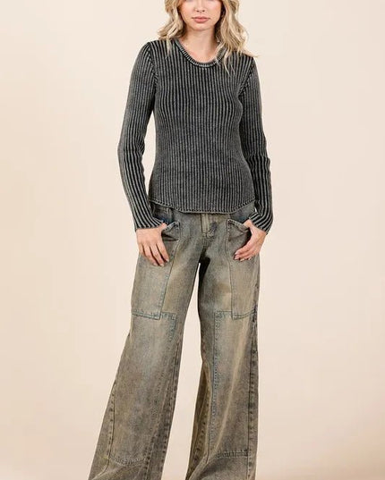 Mittoshop Washed Wide Leg Jeans with Pockets - THE AMERICAN BLUE