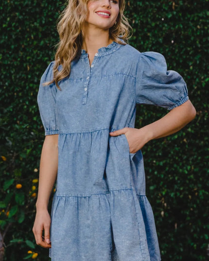 ODDI Washed Tiered Mini Denim Dress - THE AMERICAN BLUE