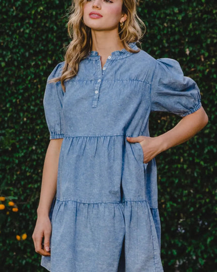 ODDI Washed Tiered Mini Denim Dress - THE AMERICAN BLUE