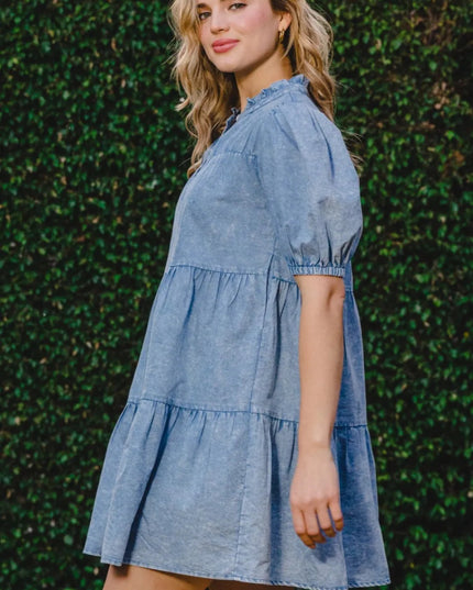 ODDI Washed Tiered Mini Denim Dress - THE AMERICAN BLUE