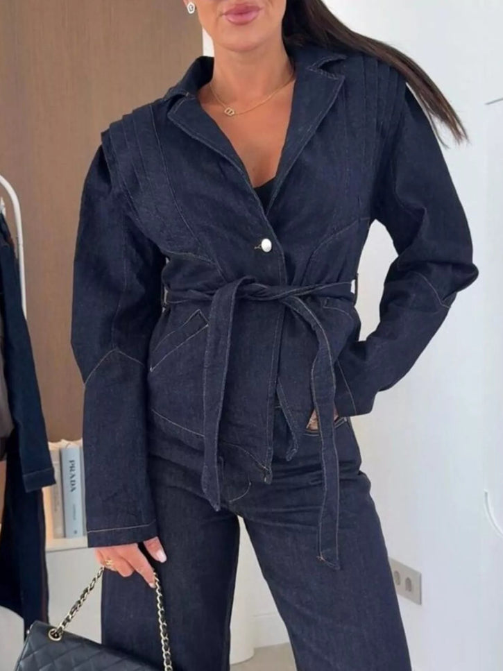 One Button Cropped Denim Jacket with Belted - THE AMERICAN BLUE