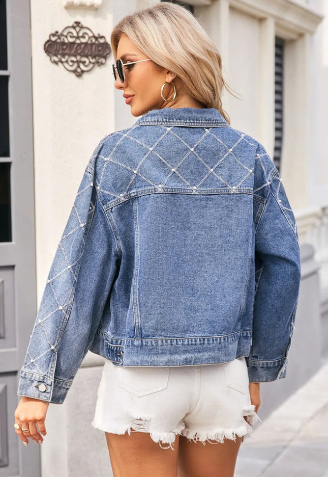 Pearl Trim Long Sleeve Denim Jacket - THE AMERICAN BLUE