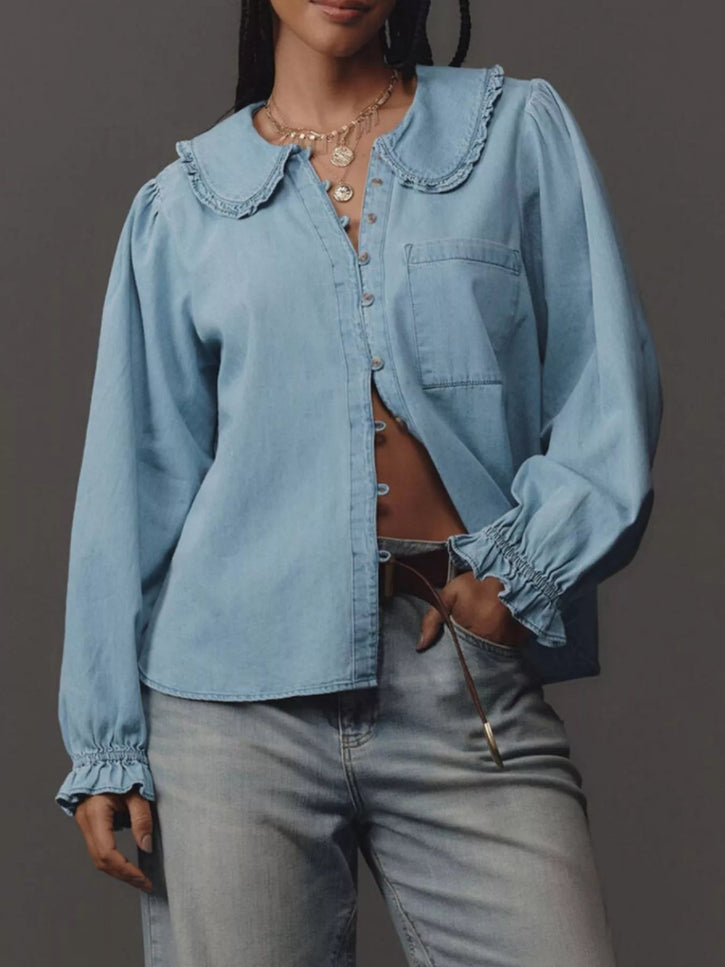 Peter Pan Collar Ruffled Denim Shirt - THE AMERICAN BLUE