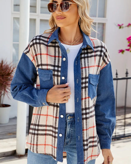 Plaid Long Sleeve Denim Jacket - THE AMERICAN BLUE