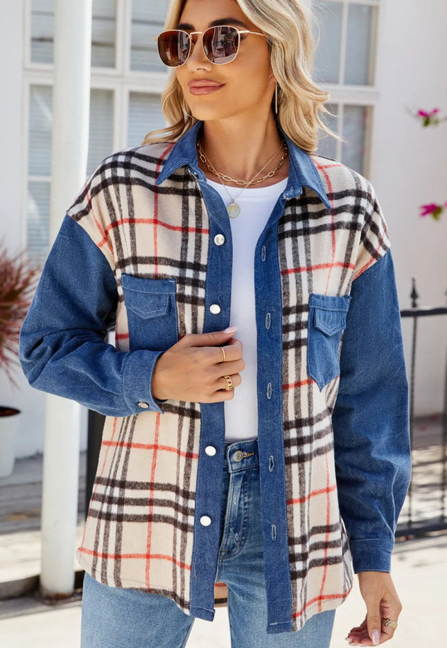 Plaid Long Sleeve Denim Jacket - THE AMERICAN BLUE