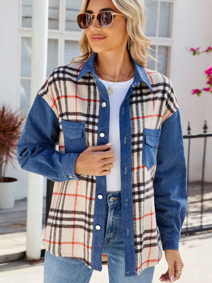 Plaid Long Sleeve Denim Jacket - THE AMERICAN BLUE