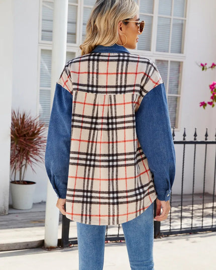 Plaid Long Sleeve Denim Jacket - THE AMERICAN BLUE