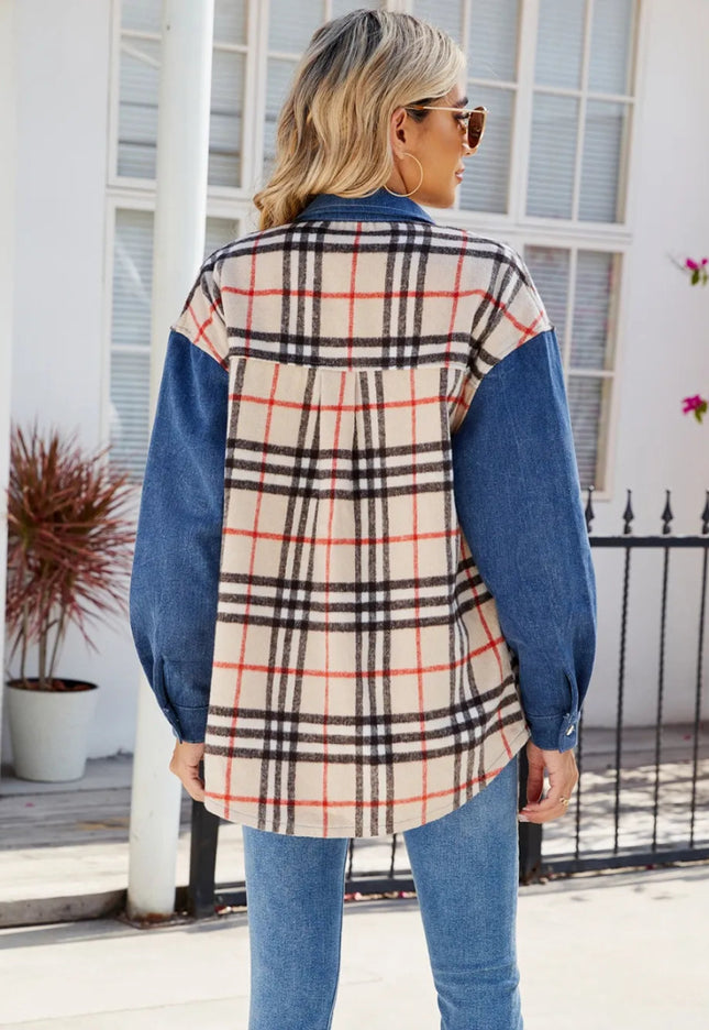 Plaid Long Sleeve Denim Jacket - THE AMERICAN BLUE