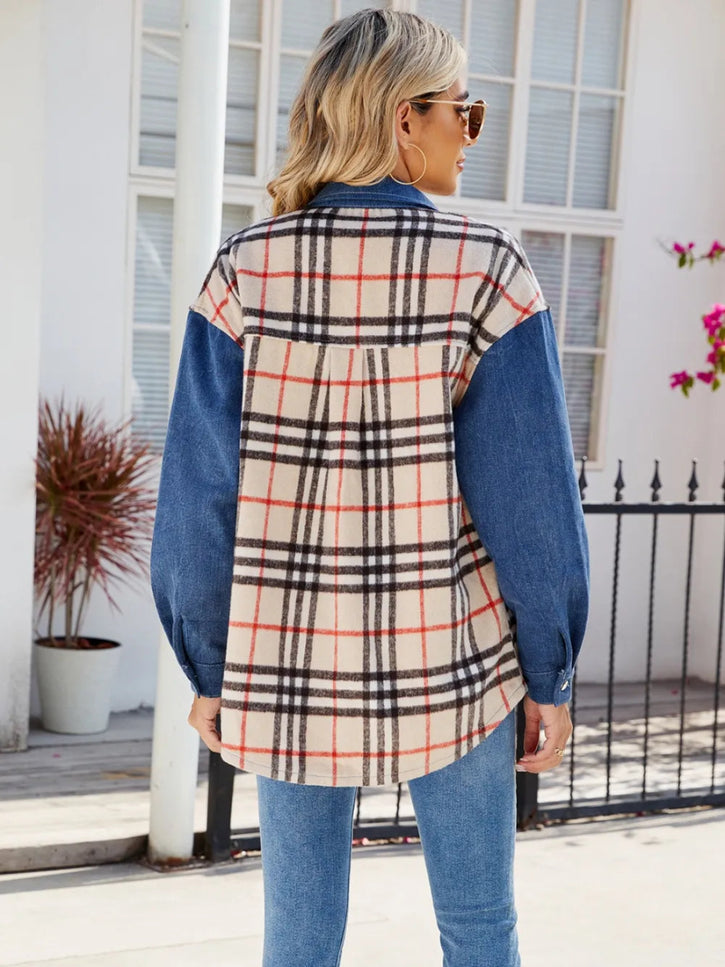Plaid Long Sleeve Denim Jacket - THE AMERICAN BLUE
