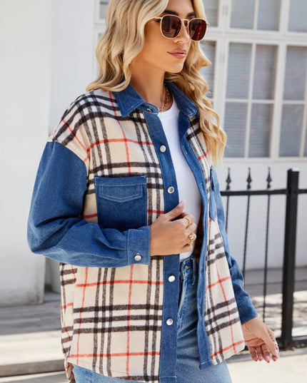 Plaid Long Sleeve Denim Jacket - THE AMERICAN BLUE