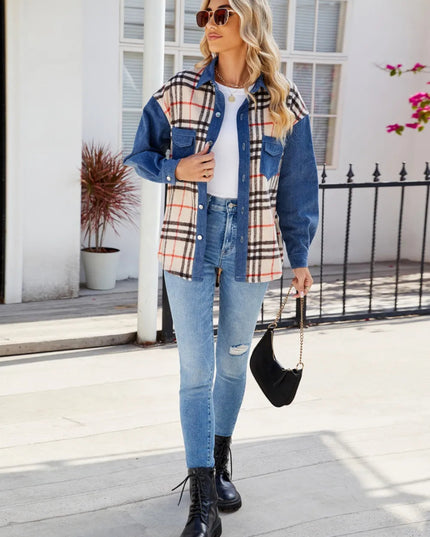 Plaid Long Sleeve Denim Jacket - THE AMERICAN BLUE