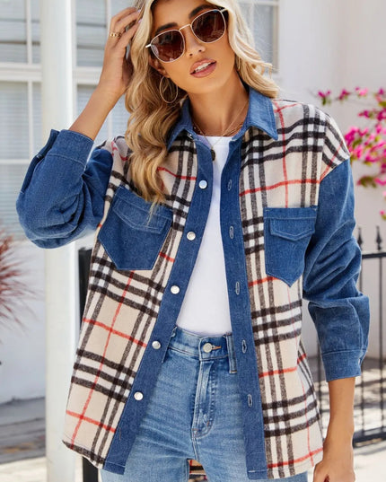 Plaid Long Sleeve Denim Jacket - THE AMERICAN BLUE