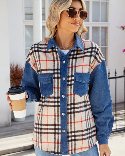 Plaid Long Sleeve Denim Jacket - THE AMERICAN BLUE