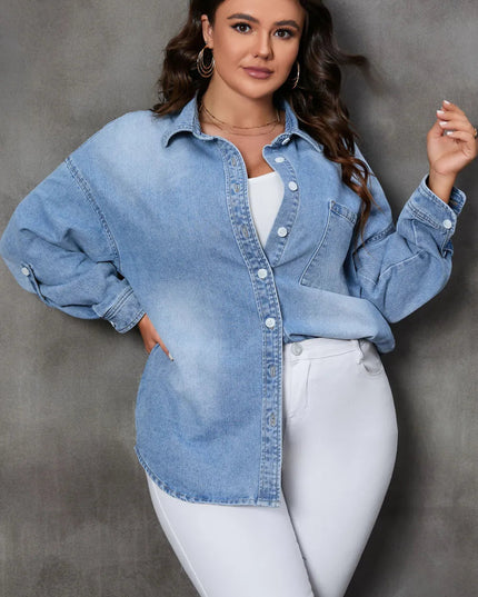 Plus Size Button Up Pocketed Denim Top - THE AMERICAN BLUE