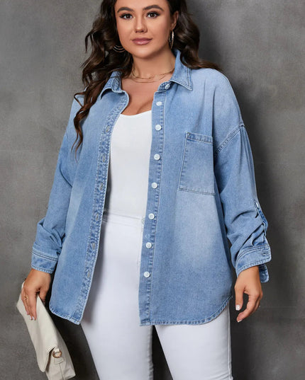 Plus Size Button Up Pocketed Denim Top - THE AMERICAN BLUE