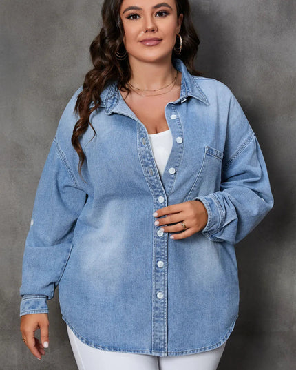 Plus Size Button Up Pocketed Denim Top - THE AMERICAN BLUE