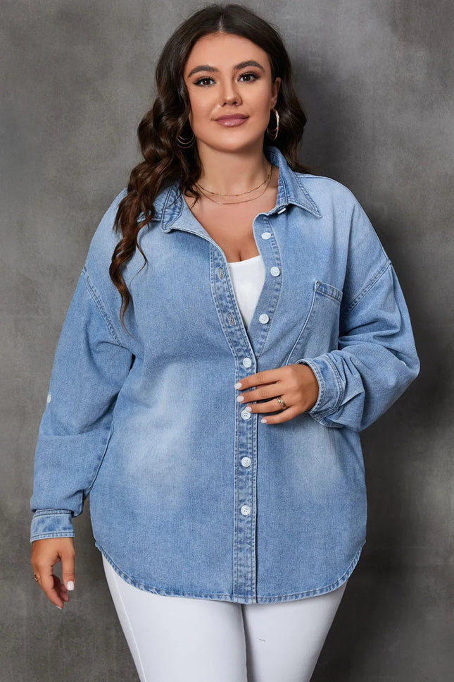 Plus Size Button Up Pocketed Denim Top - THE AMERICAN BLUE