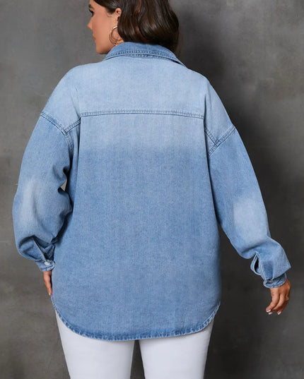 Plus Size Button Up Pocketed Denim Top - THE AMERICAN BLUE