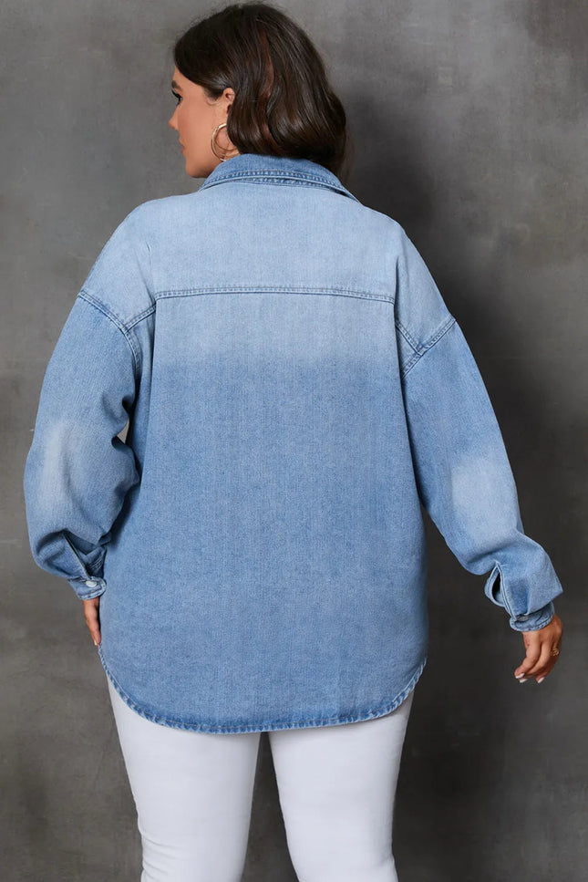 Plus Size Button Up Pocketed Denim Top - THE AMERICAN BLUE