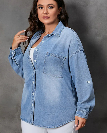 Plus Size Button Up Pocketed Denim Top - THE AMERICAN BLUE