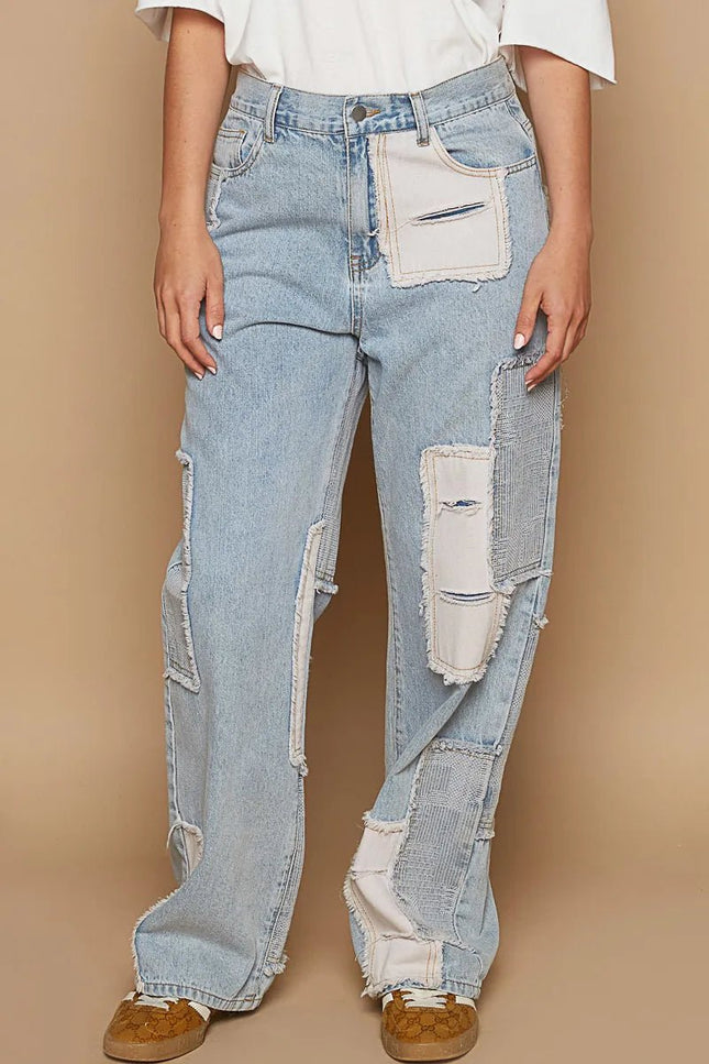 POL Contrast Patched Raw Hem Straight Jeans - THE AMERICAN BLUE