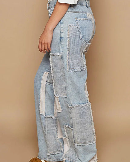 POL Contrast Patched Raw Hem Straight Jeans - THE AMERICAN BLUE