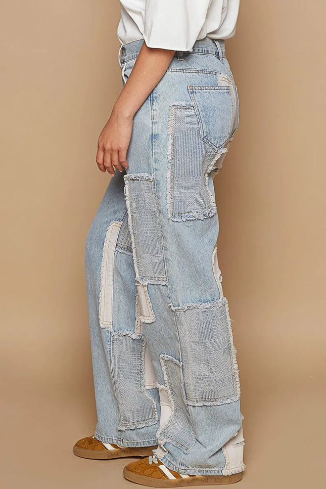 POL Contrast Patched Raw Hem Straight Jeans - THE AMERICAN BLUE