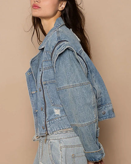 POL Cropped Denim Jacket with Functional Zipper Detail - THE AMERICAN BLUE