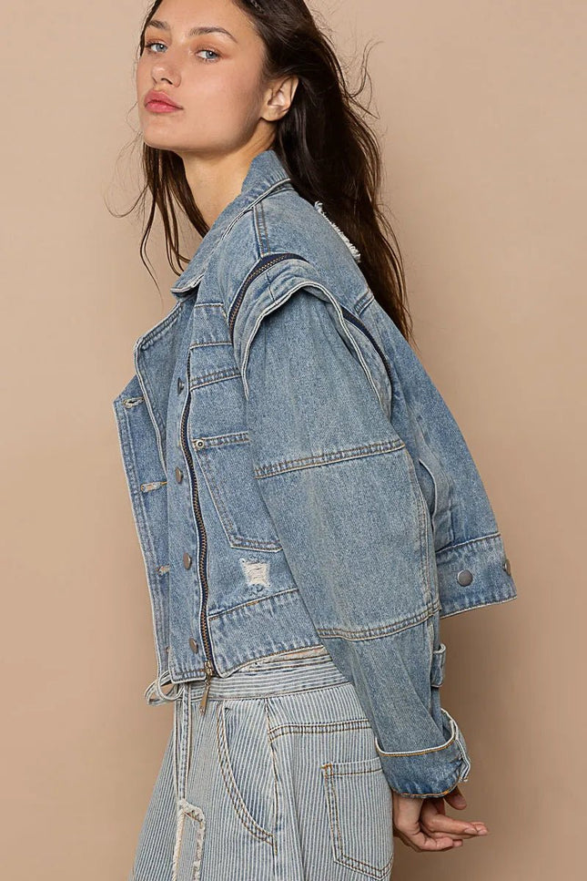 POL Cropped Denim Jacket with Functional Zipper Detail - THE AMERICAN BLUE