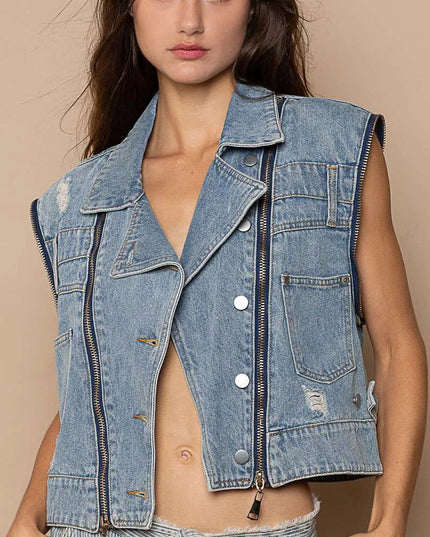 POL Cropped Denim Jacket with Functional Zipper Detail - THE AMERICAN BLUE