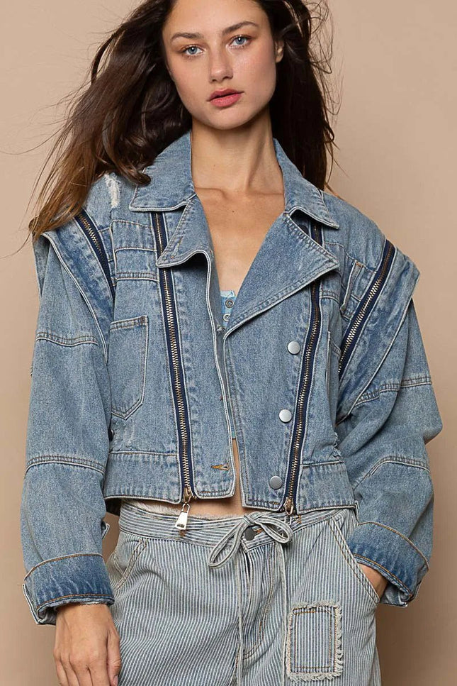 POL Cropped Denim Jacket with Functional Zipper Detail - THE AMERICAN BLUE
