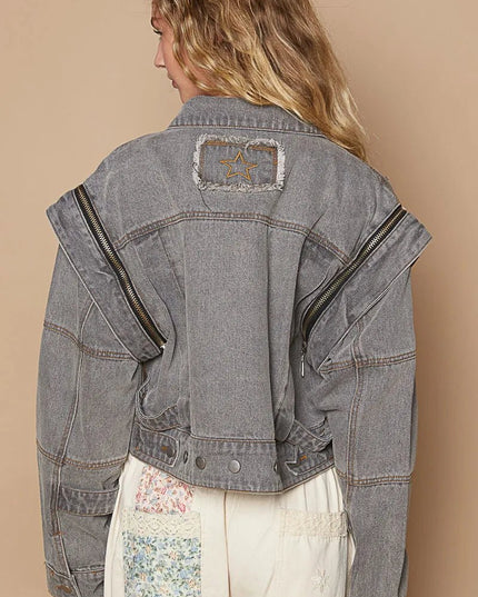 POL Cropped Denim Jacket with Functional Zipper Detail - THE AMERICAN BLUE