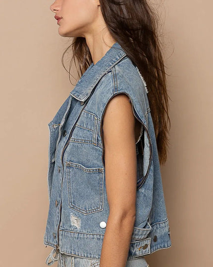 POL Cropped Denim Jacket with Functional Zipper Detail - THE AMERICAN BLUE